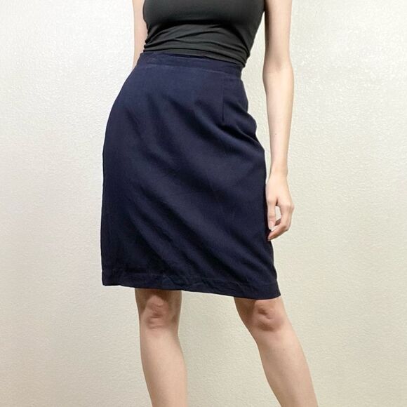 Halston Navy Blue Textured Silk Pencil Skirt - Picture 2 of 7